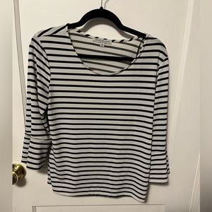 Green envelope, white and black, striped  3/4 flared sleeve shirt. Size medium